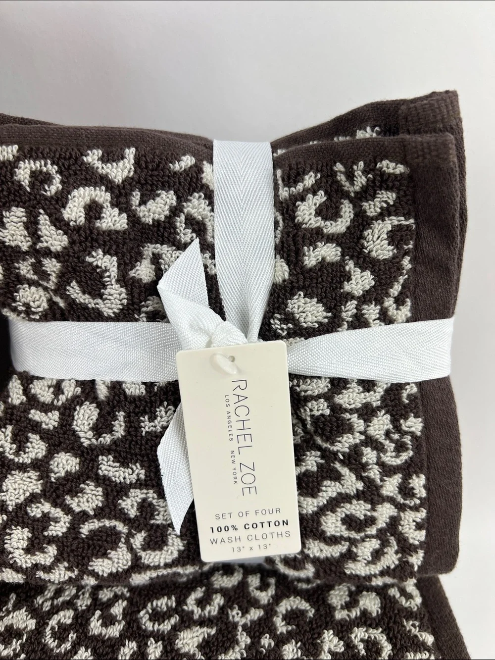 Rachel Zoe Bath Towels Leopard Print Dark Brown and Cream 100% Cotton 8 Pc NEW